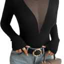 Trendy Deep V Sheer Mesh Women's T Shirts Long Sleeve Going Out Basic Tops (Black, M)