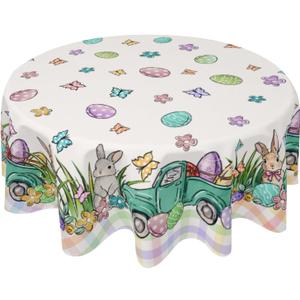 Giwawa Spring Easter Round Tablecloth Cute Bunny Table Cloth 60 Inch Truck Gnome Easter Rabbit Eggs Table Cover for Holiday Kitchen Party Dinner Decoration