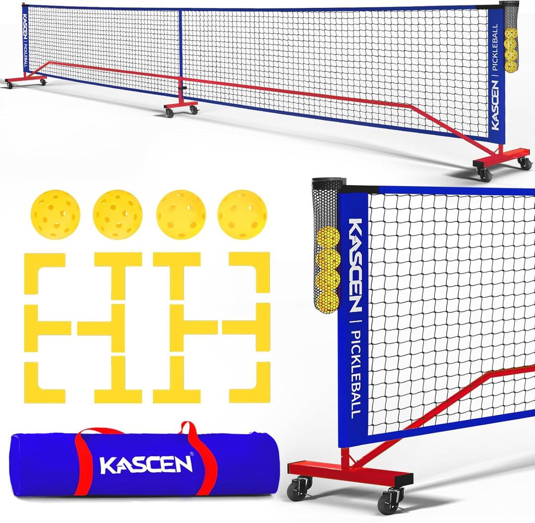 KASCEN Portable Pickleball Net for Driveway - 22FT Regulation Size Pickleball Nets with Wheels, Court Markers, Ball Holder, Carry Bag, 4 Pickleballs Indoor and Outdoor