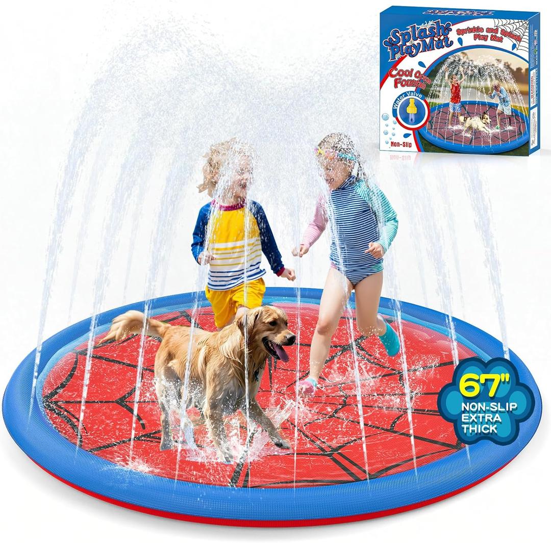 Non Slip Splash Pad for Kids and Dogs, 67'' Extra Large Splash Pad Outdoor Sprinkler for Kids, Dog Water Summer Toys Outdoor Toys for Toddlers 3-5 Ages 4-12 (Red)
