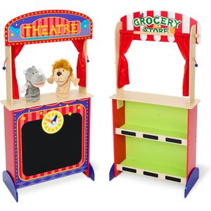 Monlurd Wooden Puppet Theater for Kids Montessori Pretend Play Stage, Puppet Show Set for Ages 4-8, Daycare & Home Use