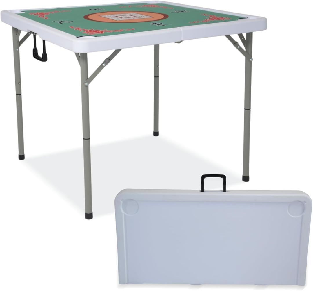 35" Square Mahjong Table, 4 Player Portable Folding Card Table with Green Tabletop & 4 Cup Holders, Durable HDPE Material, Removable Legs for Easy Storage, White