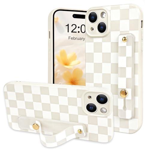 NITITOP Compatible with iPhone 15 Plus Case with Wrist Strap Kickstand Cute Trendy Checkerboard Plaid for Women Girls Slim Fit TPU Silicone Shockproof Full Camera Protective Cover - White