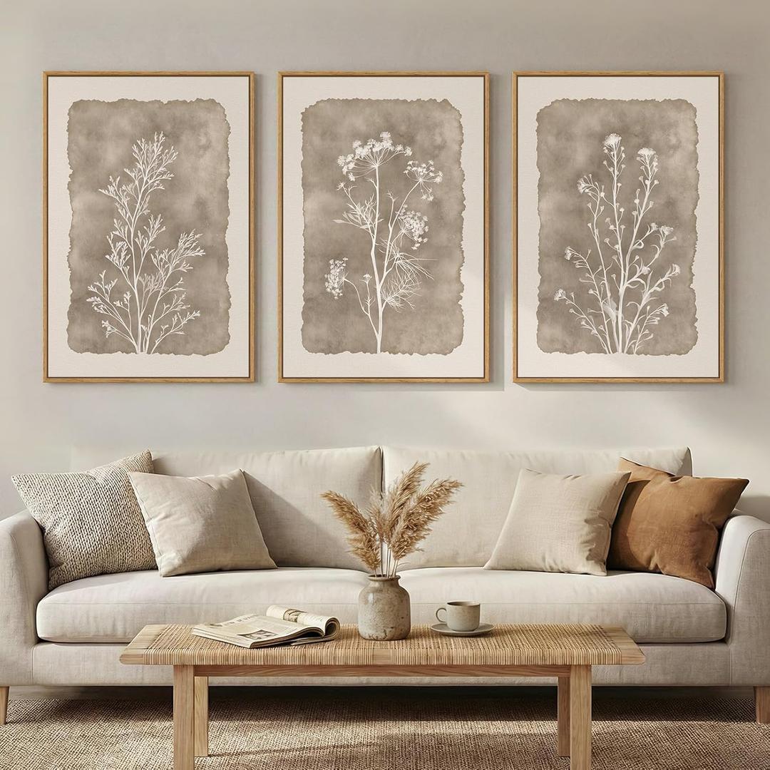 3 Piece Framed Neutral Botanical Wall Art Set, Large Farmhouse Floral Canvas Prints Paintings, Minimalist Wildflower Plant Artwork Decor for Living Room Bedroom Dining Room 16x24 Inch, 16W" x 24H"x3Pcs