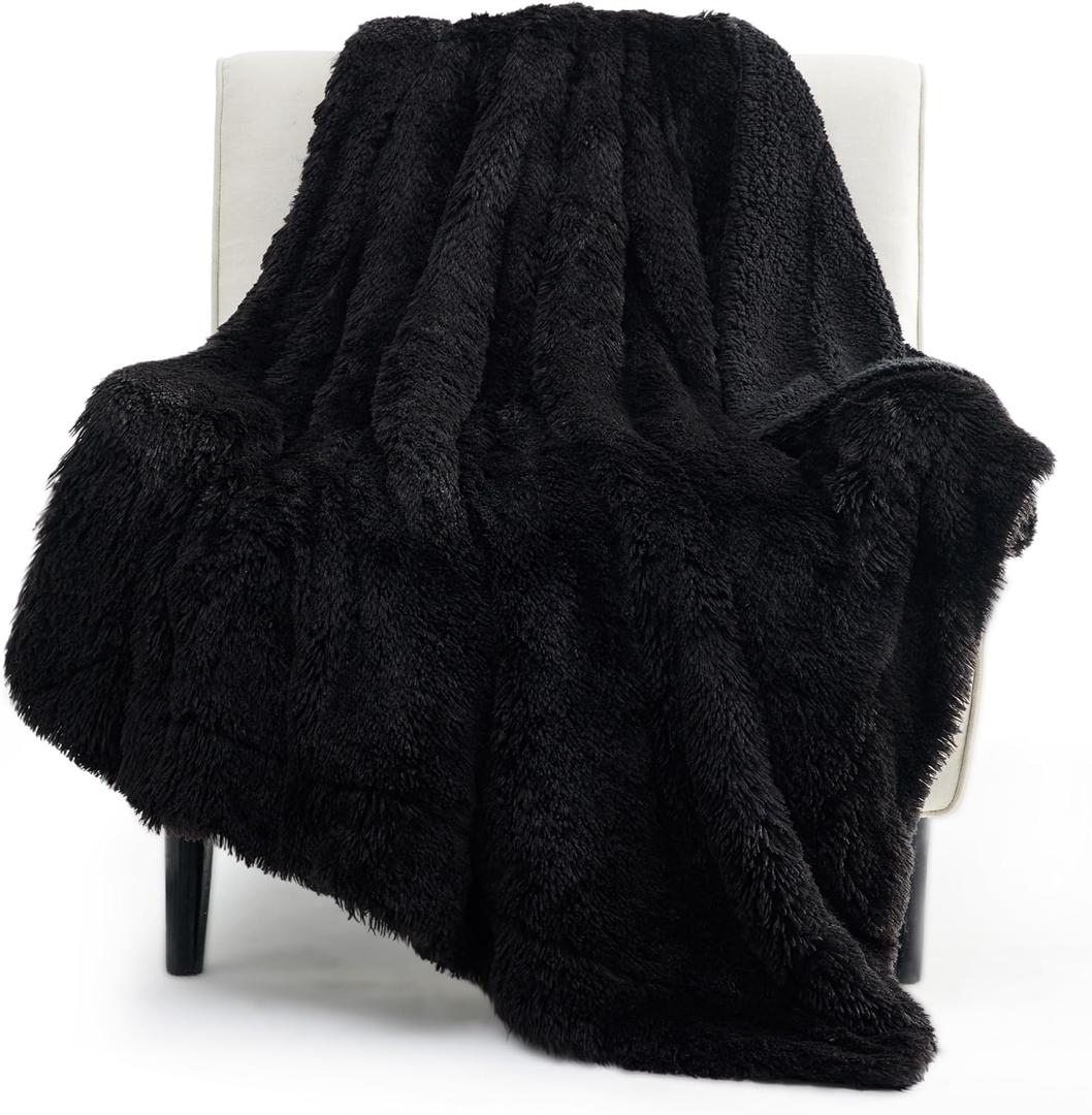 Bedsure Fuzzy Sherpa Faux Fur Twin Blanket Black Cozy Gifts for Women Men, Soft Fleece Plush Warm Minky Thick Blanket Twin Size for Bed, Couch, Room Decor Dorm Essentials Black Decor Gifts, (Twin (60" x 80"), 14- Black)