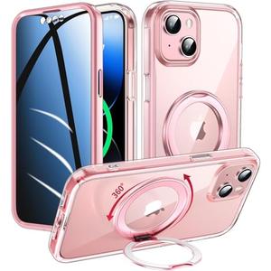 WASTROYAL Privacy Case for iPhone 13/iPhone 14 with 360°Stand [Built-in Anti Peeping Screen Protector] [Compatible with MagSafe] [Magnetic Ring ] Full Body Protective Phone Cover 6.1", Pink