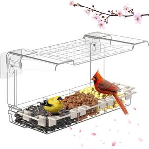 Clear Window Bird Feeder Outdoors - Bird Feeder for Viewing with 5 Perching Stands, Self-Adhesive Hooks, Drain Holes and Removable Tray, as a Birdhouse, Garden Decor