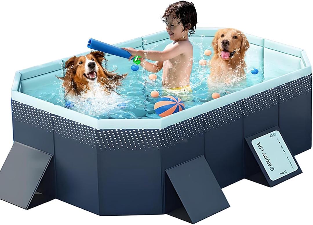 Large Foldable Swimming Kiddie Pool 83" L x 55" W x 22" H Hard Plastic Square Pool for Kids & Dogs, Reinforced Sidewalls for Backyard Use