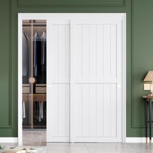 FREDBECK Sliding Closet Doors 64x80(Double 33inch),Bypass Barn Door with Hardware,for Bedroom,White,H Frame,Assemble Required