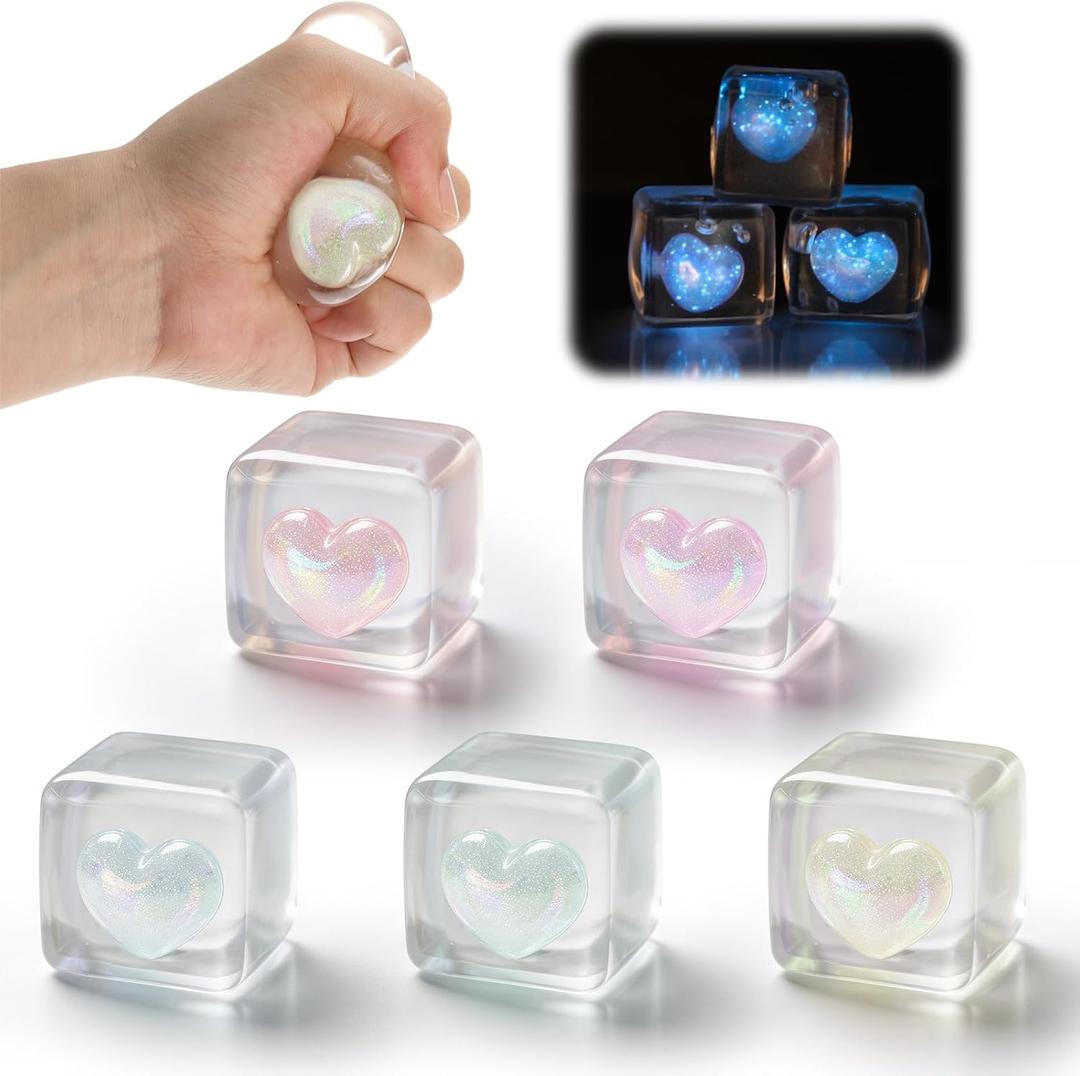 Civaner 5 Pack Stress Cube Fidget Toys Glow in the Dark Heart Stress Balls Sensory Fidget Toy for Anxiety Relief for Classroom Prizes Party Favors End of Year Back to School Gifts
