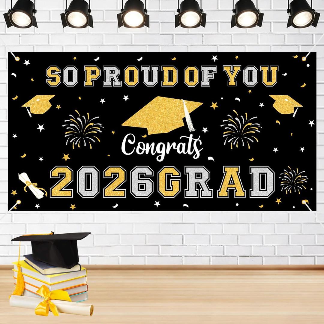 7 x Graduation Decorations 2026 Black Gold Graduation Banner 66.1" x 33.8" Graduation Backdrop Congrats Grad Banner for Outdoor Indoor High School College Class of 2026 Graduation Party Decorations Supplies