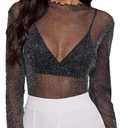 Floerns Women's Long Sleeve Slim Fit See Through Sheer Mesh Top Black Sparkle XS