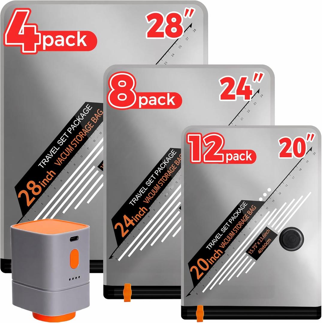 Travel Vacuum Storage Bags with Rechargeable Cordless Pump, Portable Compression Packing Seal Bags, Space Saver Packing Bag for Travel, Vacuum Seal Bag for Home Clothing Luggage Storage, 24 Combo Set