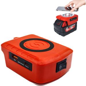 Fast Wireless Charger Adapter for Mil.wauke 18V Tool, with USB-A & USB-C QC/PD Ports. Portable Outdoor Power Source for Phones, Tablets & More (Battery Not Included)