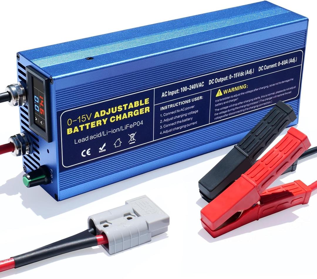 12V High Power Lifepo4 Charger Smart Battery Charger with 0-15V Adjustable Current and Voltage,Portable Power Adapter for 14.6V LiFePO4 Lithium Iron Rechargeable Battery(BU60)