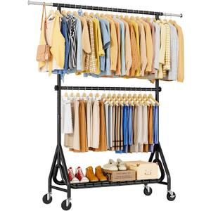 Heavy Duty Clothes Rack for Hanging Clothes, Double Rods Clothing Rack with Lockable Wheels, Rolling Garment Racks with Shelf, Easy to Assemble, Black