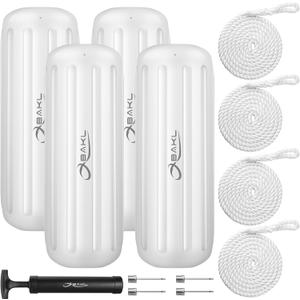 Boat Fenders 4 Pack 10 x 28 Inches Ribbed Center Hole Boat Fenders Bumpers for Docking, Comes with Ropes and Pump to Inflate (Ploar White)