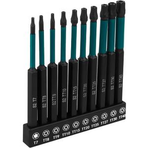 10-Piece Impact Security Torx Bit Set, 100mm Long S2 Steel Star Driver Kit (T7-T40), Mixed Solid & Tamper-Proof Bits with 1/4" Hex Shank, Magnetic High-Torque Bits for Auto & Electronics