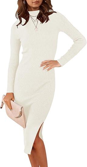 ANRABESS Women Long Sleeve Turtleneck Slim Fit Ribbed Knit Slit Cocktail Party Sweater Midi Dress 2024 Trendy Fall Outfits, Size XL