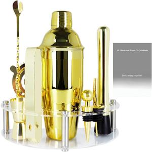 Cocktail Shaker Set with Stand, Cocktail Shaker Bartender Kit: Bar Tool Set, Drink Mixing Includes Martini Shaker,Strainer,Jigger,Bar Mixer Spoon,Muddler, Pourer, Bottle Stopper (Gold)