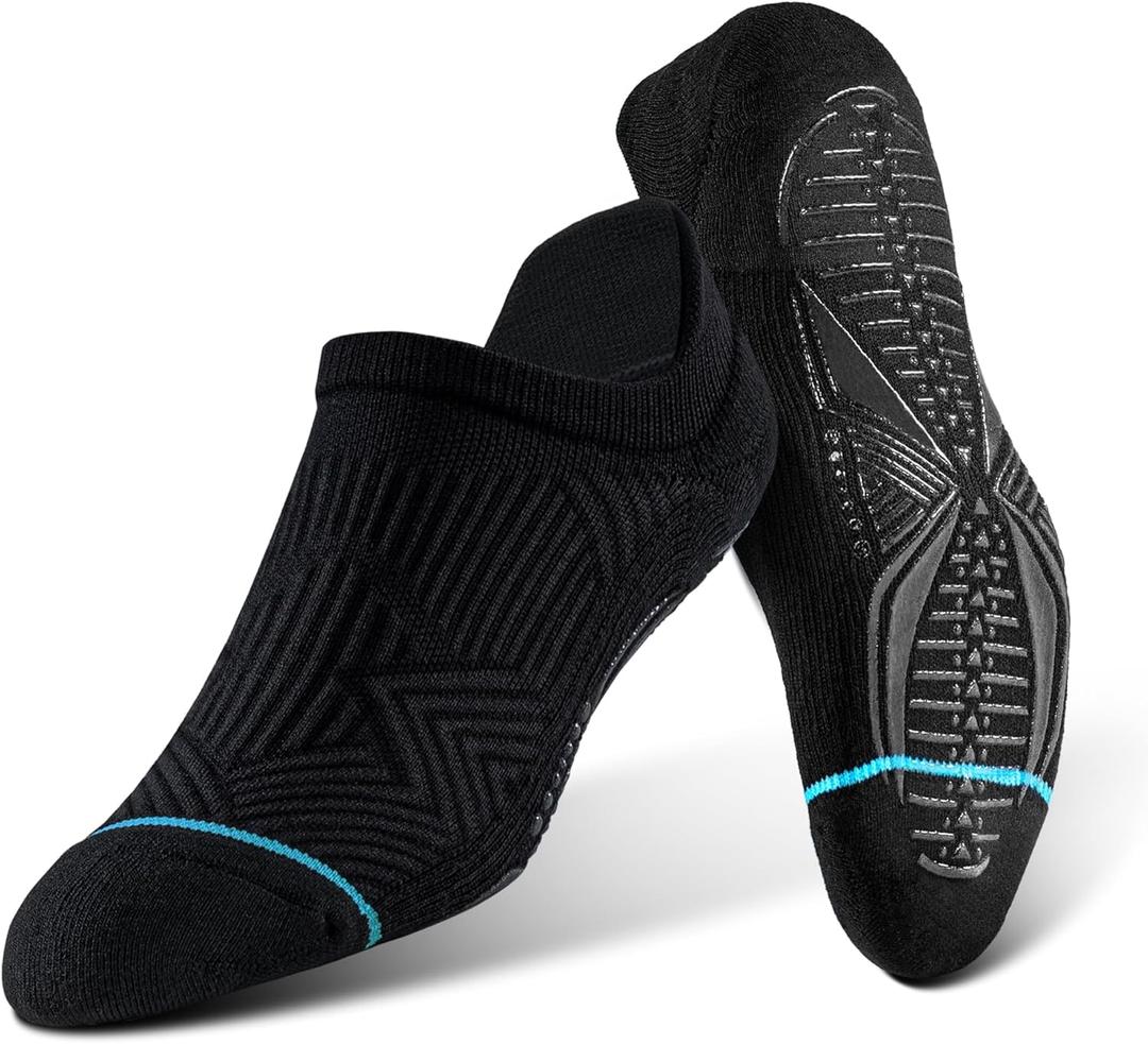 BRISIRA Bamboo Viscose Non Slip Pilates Socks Men Women No Show Grip Compression Thick Cushion Yoga Barre Grippy Ankle (X-Large, 3 Pairs Black)
