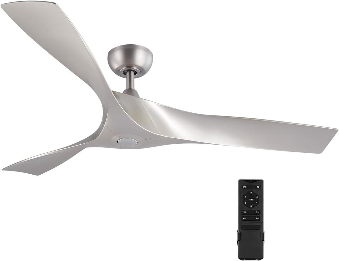 VONLUCE Ceiling Fan No Light, 52" Mid Century Ceiling Fans and Remote Control, 6 Speeds Noiseless DC Motor, 3 ABS Blades, Indoor Ceiling Fan for Kitchen Bedroom Living Room Farmhouse, Nickel