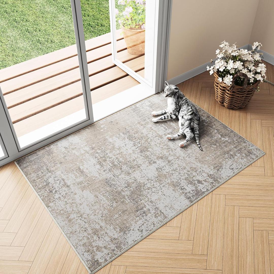Modern Abstract Beige Gray Area Rug 2x3 Entryway Door Mat Machine Washable Bathroom Throw Carpet Kitchen Indoor Low Pile Non Slip Distressed Laundry Living Dining Room Bedroom Office