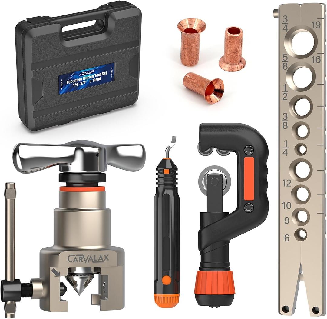CARVALAX Eccentric Flaring Tool Kit, 45 Precision Flaring, Metric/Imperial Clamp for 6-19mm & 1/4"-3/4" Pipes, Includes Cutter, Deburring Tool & Hard Case for HVAC & Refrigeration Repair