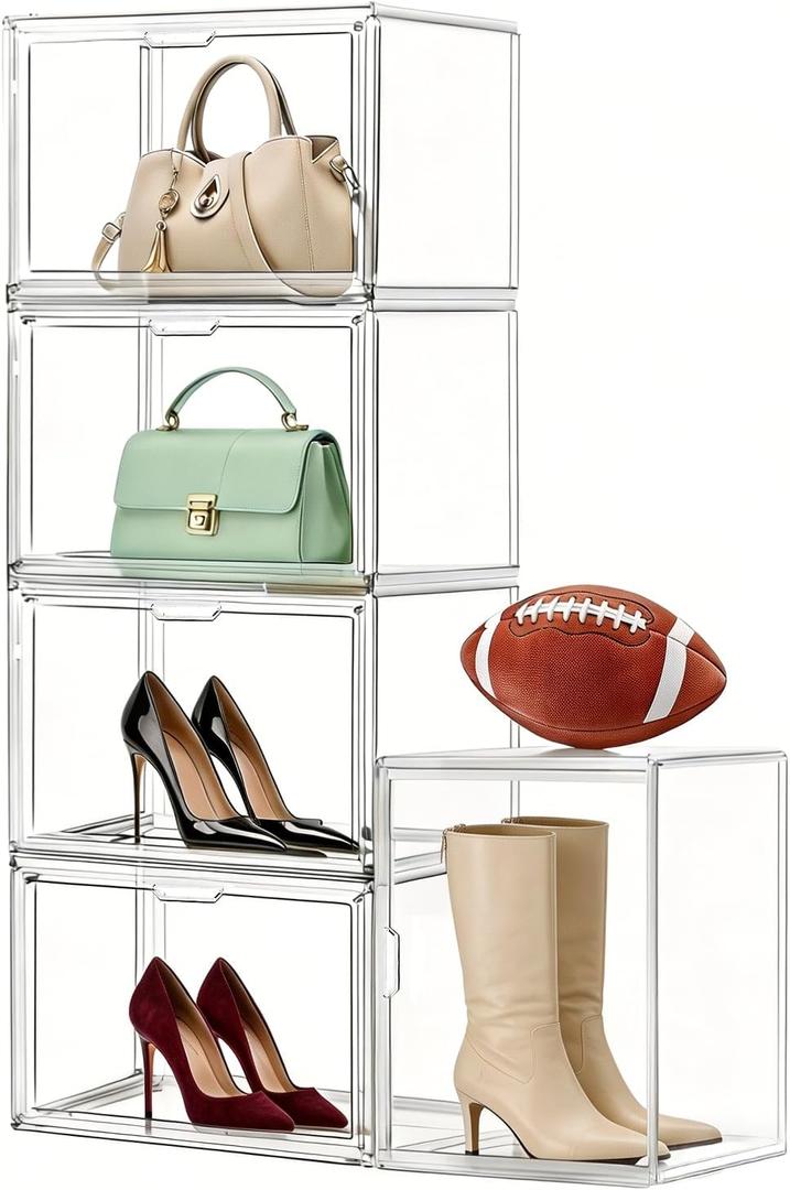 Clear Stackable Storage Bins, Acrylic Display Case, Acrylic Boxes with Lids, Magnetic Lid Storage Bins for Handbags & Purse, Large Figures Collectibles, Storage Box for Home Organization (5 Pack)