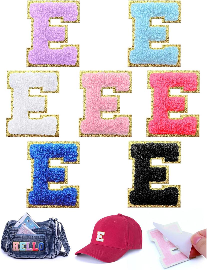 7 Pcs Chenille Letter Patches Self Adhesive Iron On Letters for Backpacks, 2.17 Inch Glitter Letter Stickers Preppy Varsity Letter Patches for Clothing Jackets Hat Laptop (E)