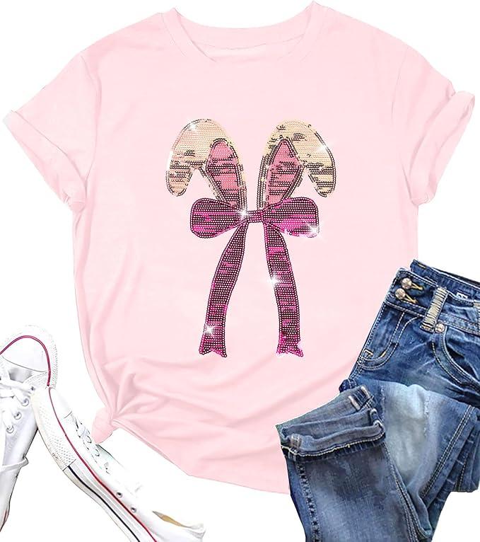 Easter Shirts for Women Happy Bunny Shirt Cute Rabbit Graphic Tee Funny Easter Gifts Short Sleeve Tops, Size M