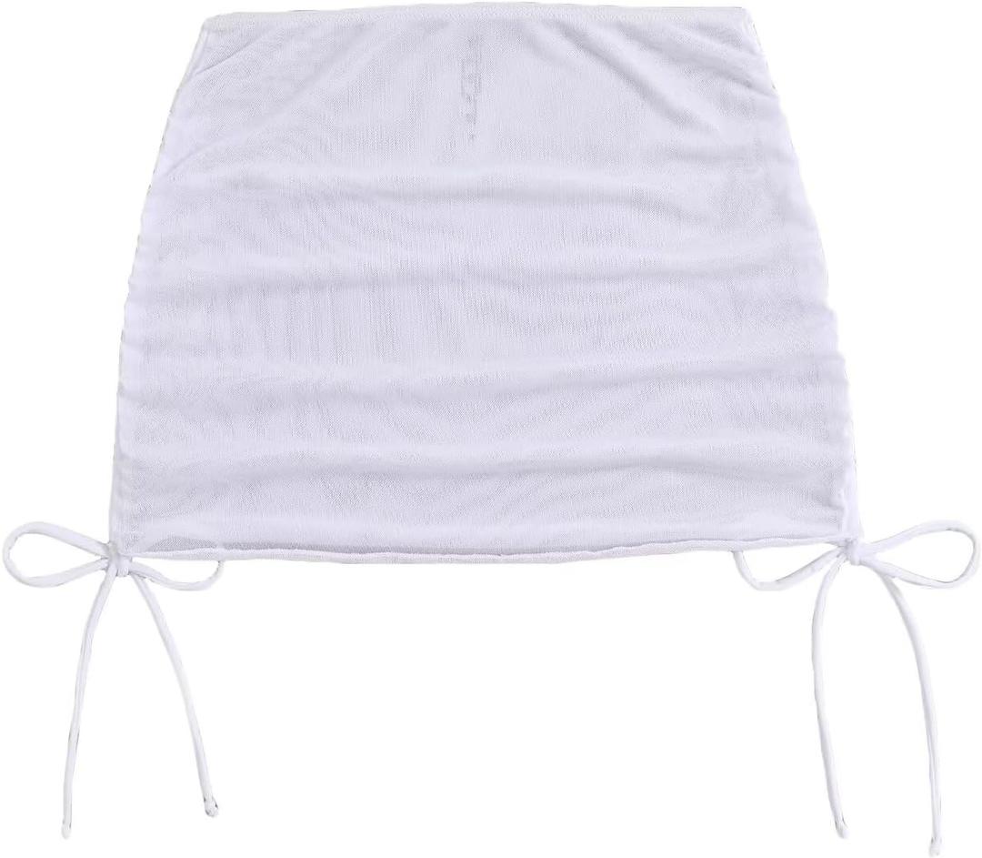 Falainetee Women's Drawstring Solid Mesh Sheer Summer Bikini Cover Up Skirt White S