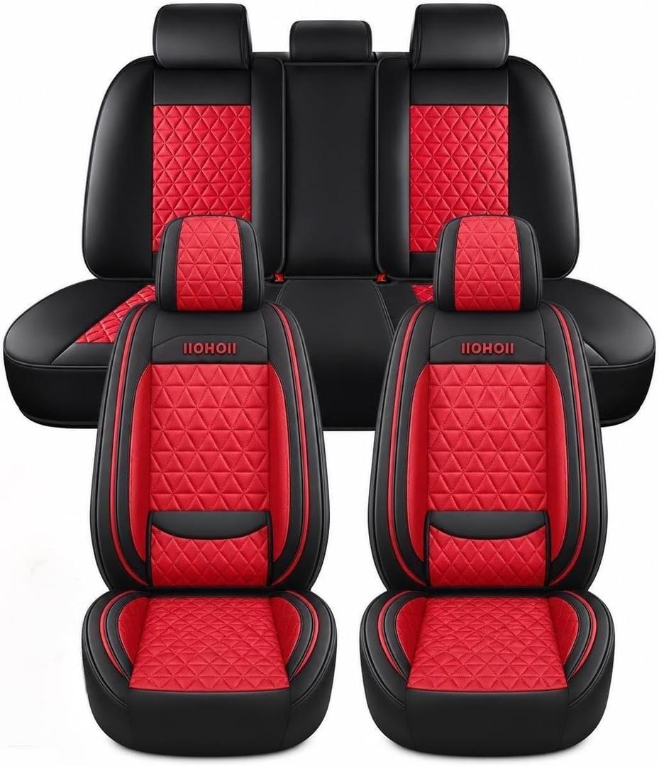 PU Leather Car Seat Covers Full Set, Airbag Compatible Automotive Seat Protectors, Waterproof & Non-Slip Universal Fit for Sedan SUV Truck (5-Piece,Red)