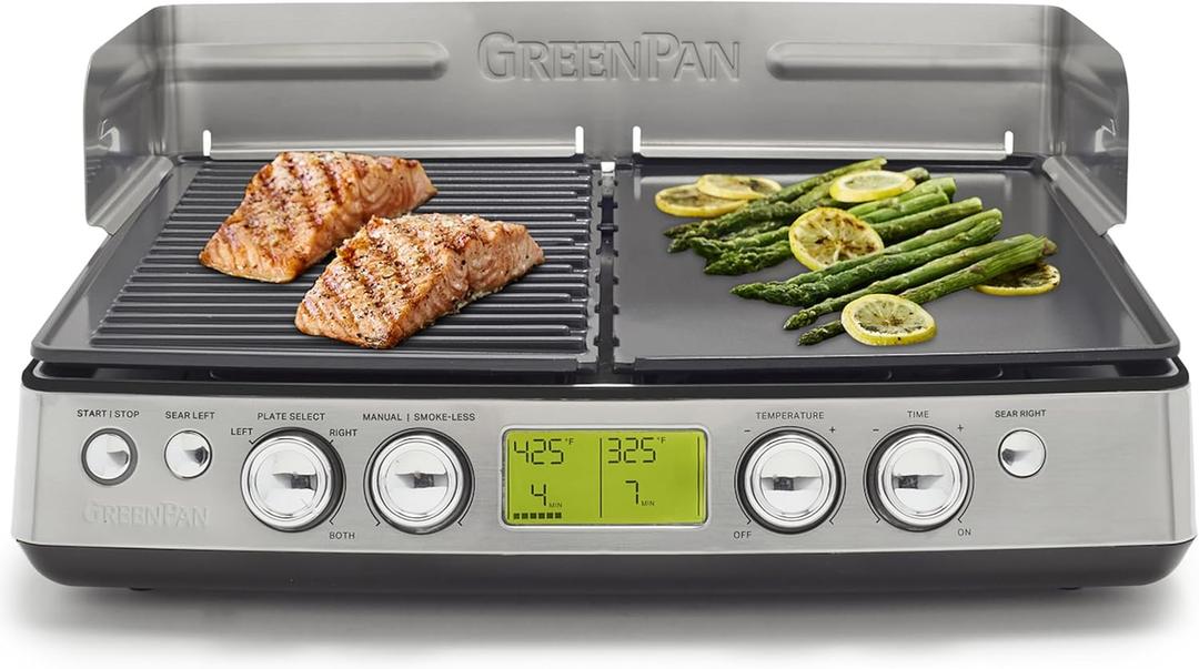 GreenPan Elite XL Smoke-less Grill and Griddle, Healthy Ceramic Nonstick Interchangeable/Removeable Cast Aluminum Plates, Indoor BBQ Sear Sizzle, LCD Display, Splash Guard, Drip Tray, PFAS-Free, Black