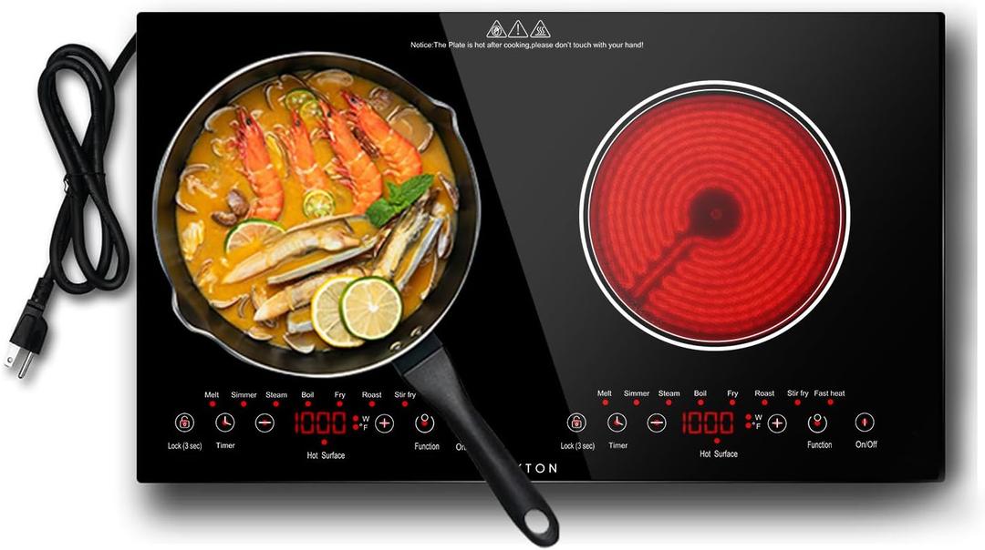 Noxton 2 Burners Electric Cooktop, 24" Built-in & Countertop Stove, Two Burner Ceramic Cooktop with Child Safety Lock, Timer, Touch Sensor Control, Portable 110V Plug-in Cooktop