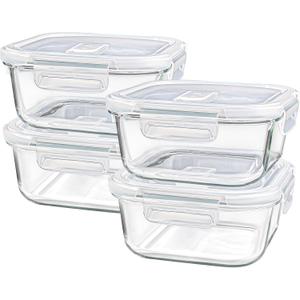 Square Glass Containers with Lids 24oz - Borosilicate Glass Food Storage Set 3 Cup, Freezer Safe Meal Prep Containers, Sandwich Lunch Box, Yogurt Cereal Bowls with Vented Lids BPA Free 4 Pack