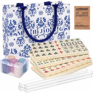 BESTOYARD Chinese Mahjong Tile Set with Carring Bag, 1.2-Inch 144 Tiles All-in-One Chips, Dice and Manual, Traditional Mah-Jongg Board Game for Family Game 4 Pushers, 32 x 25 x 12 cm
