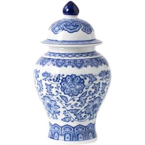 Blue and White Ginger Jar, Ceramic Chinoiserie Decorative Jars for Home, Office, Flower Vase Pocelain, Glossy Vase for Table, Living Room, Bookshelf, Mantle Fireplace, Centerpieces, 9.8"H (23.7 Ounces)