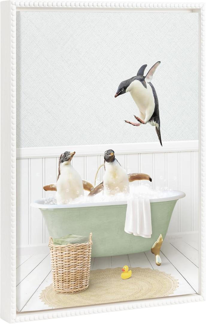 Kate and Laurel Sylvie Beaded Penguins in Cottage Bath Vintage Framed Canvas Wall Art by Amy Peterson, 18x24 White, Modern Cute Animal Bathtub Art for Wall