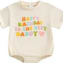 YOKJZJD Newborn Baby Girl Boy Happy Birthday To The Best Daddy Bubble Romper Short Sleeve Bodysuit Jumpsuit Summer Outfits (12-18 Months, Apricot)