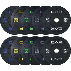 CAP 260lb Economy Olympic Bumper Plate Weight Set | Medium-bounce rubber, Steel hubs, 2-inch compatibility, Weightlifting and home gym use,  ECONOMY, 260 lb - Set
