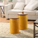 Glitzhome Rustic End Table Set of 2, Farmhouse Galvanized Metal Barrel Ottoman Storage Stool with Round Wood Lid for Living Room Furniture, Yellow, Large, Small