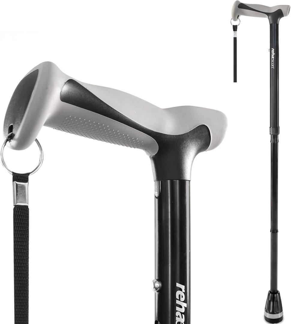 Rehaescort Walking Cane, Folding, Adjustable, Lightweight, Walking Canes for Men & Women, Soft Ergonomic Handle, Heavy Duty All Terrain Tip, Walking Sticks for Seniors & Adults with Travel Bag