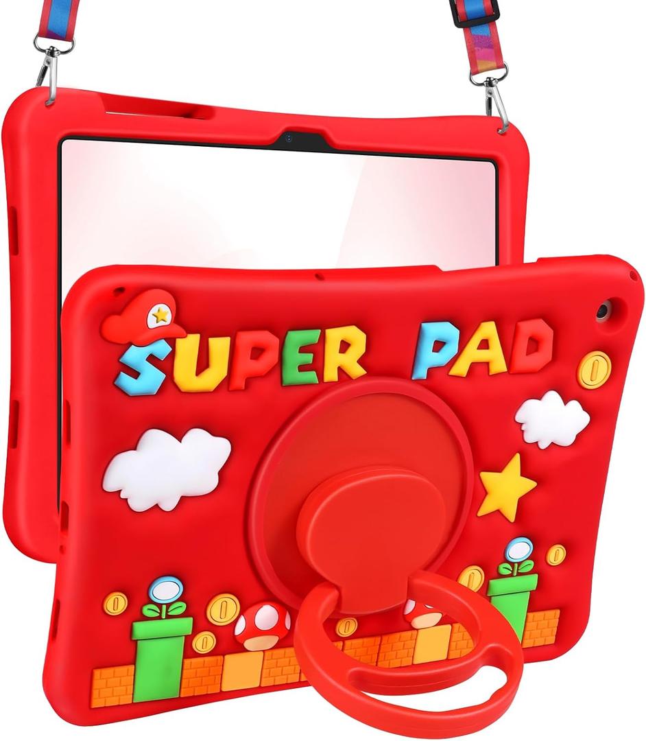 Cute Case for Galaxy Tab A9 Plus 11 Inch 2023 - Silicone 3D Design for Girls Women Teens Girly Kawaii Funny Cartoon Soft Stand with Lanyard for Samsung A9 Plus Tablet Case, Red