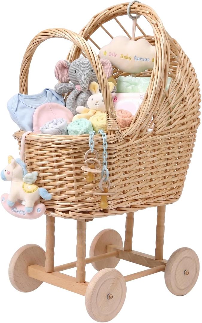 Wicker Carriage,Woven Rattan Stroller Shaped Flower Basket,Natural Willow Branches，Used for Welcoming Infants, Wedding Parties, Home Decor, Floral Decoration