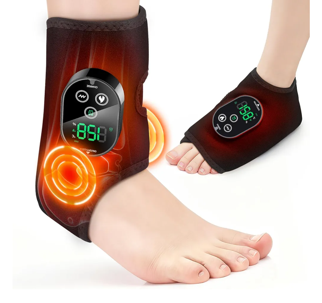 DeMoce Cordless Ankle Massager with Heat, Wearable Ankle Heating Wrap for Foot & Ankle Pain Relief, 6 Heat Levels, 3 Vibration Modes, Timer & Auto Shut Off, Single One, Black