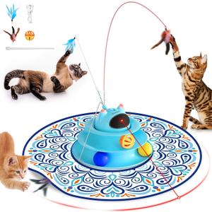 Pawtners Interactive Cat Toy: 5 in 1 Automatic Cat Toy for Indoor Cats, Rechargeable Hide and Seek Toy with PVC Cover, Battery Operated Kitten Laser Toy with Feather Accessories Pack, Blue