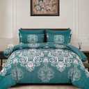 Mybedsoul King Size comforter set, 7 Pieces Boho Bed in a Bag for King Bed, Turquoise Damask Comforter Set with Sheet, Pillowcases & Shams, Soft Microfiber Lightweight Bedding Set All Season(90"x104")