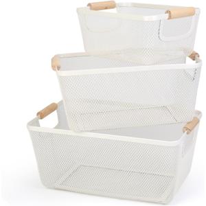 Wire Baskets for Organizing, 3 Pack Metal Mesh Basket with Handle for Pantry, 3 Sizes Wire Steel Bins Kitchen Organizers, Rectangle Fruit Vegetable Containers for Shelves Cabinets Storage Organization