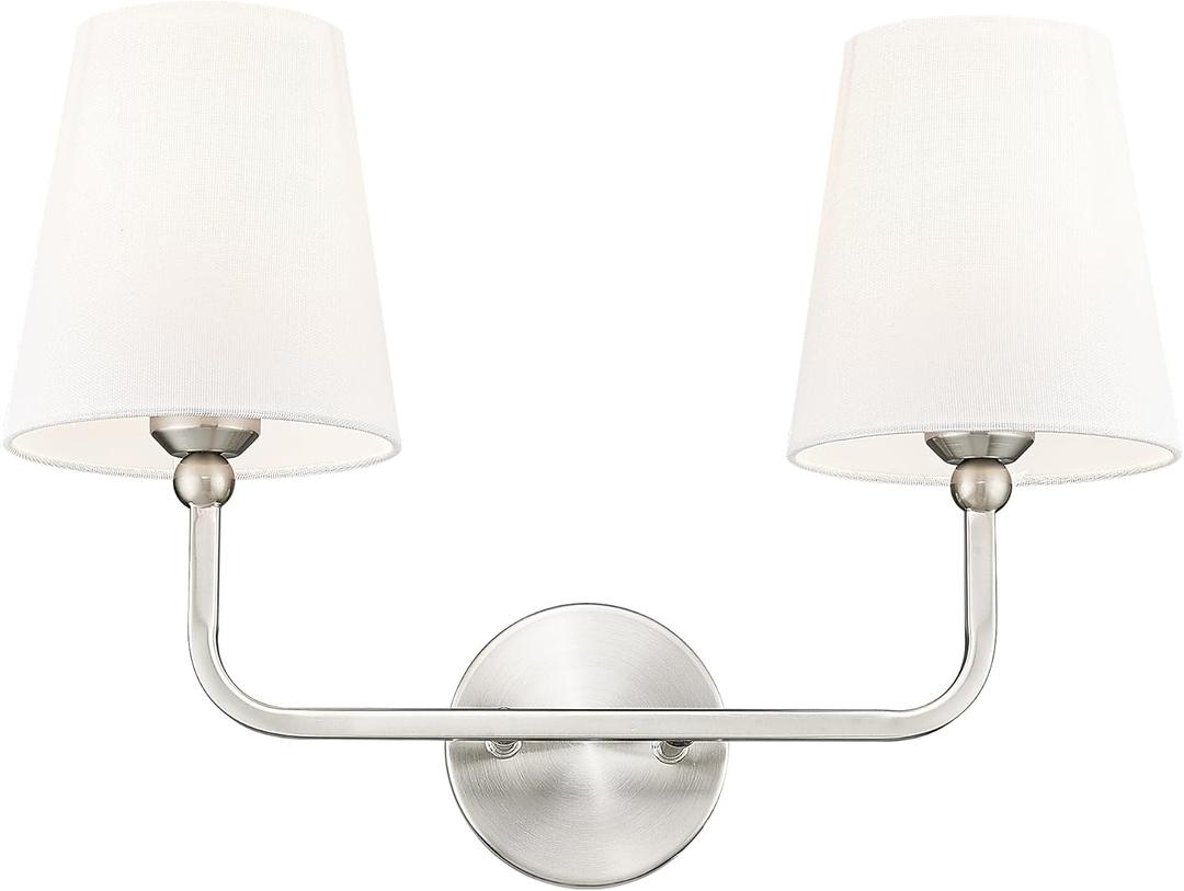 2-Light Bathroom Light Fixtures, Brushed Nickel Vanity Lights, Double Wall Sconce with Flared White Fabric Shade, Modern Sconces Wall Lighting for Hallway Bedroom Stairway, VL837-BN-2